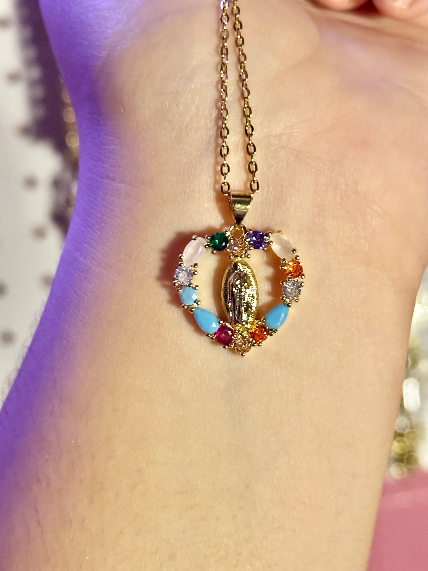 Multi-Color Crystal Virgencita Heart Necklace