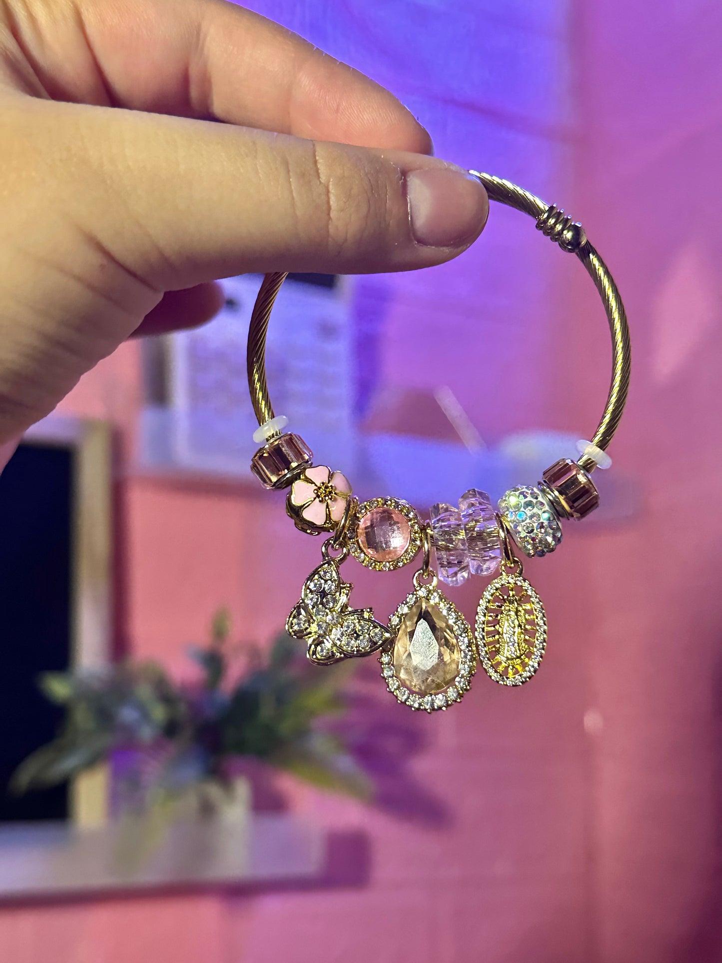 Pink Butterfly Mary Charm Bangle